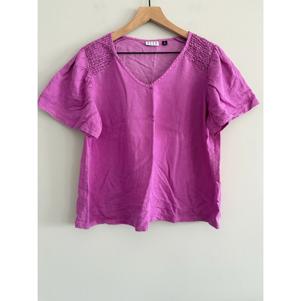Elle Top Purple Pink Short Sleeve Blouse Womens Size Large V Neck